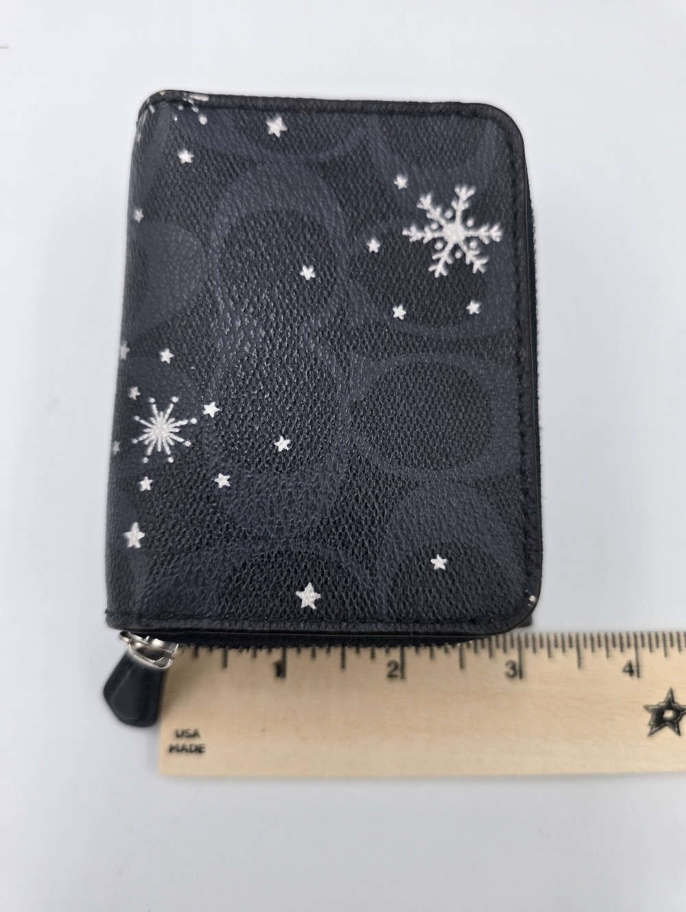 COACH Navy Blue Signature Snowflake Compact Trifold Wallet with Silver Logo - Picture 4 of 15